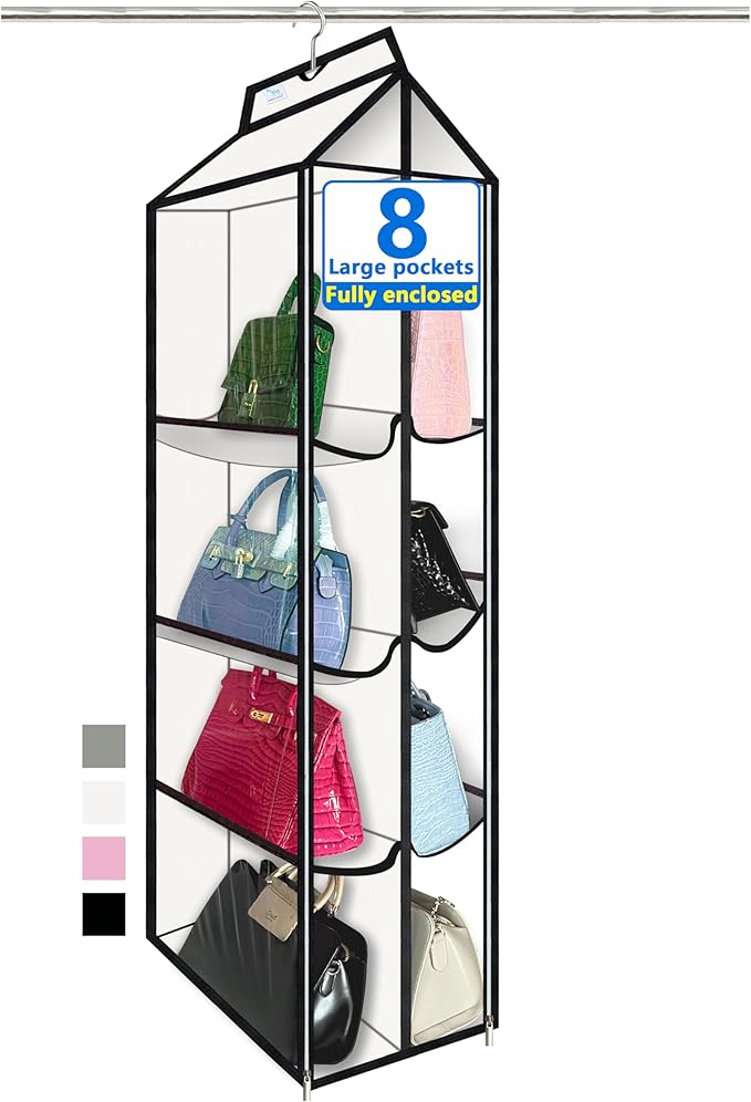 Purse Organizer for Closet, with Zippered-Dustproof, Purse Organizer, Designed for Oversized Wallets & Holds 8-16 Purses, Hanging Purse Organizer for Closet,White-Purse Storage