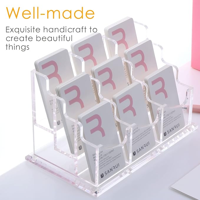 SANRUI Vertical Business Card Holder for Desk，Clear Acrylic Business Card Display Stand，9 Slots 3 Tier ，Holds 450 Cards