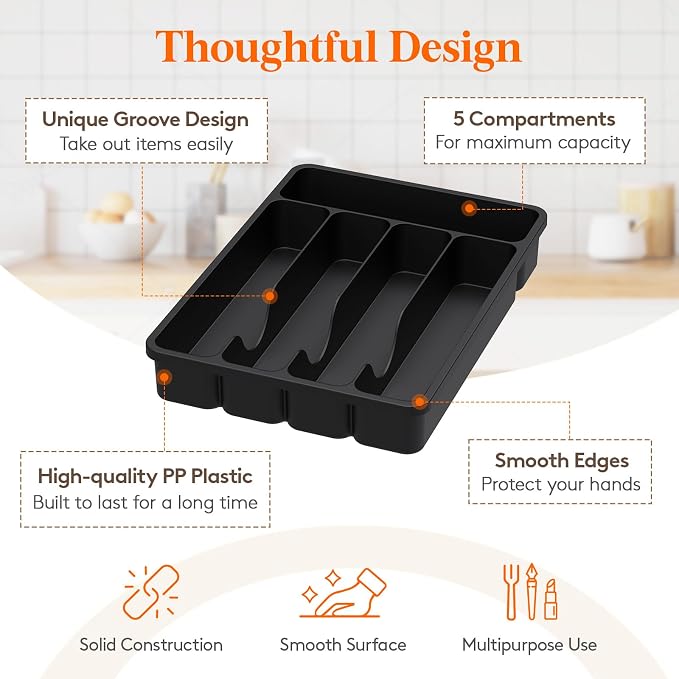 Lifewit Silverware Organizer with Lid, Covered Utensil Tray for Kitchen Drawer and Countertop, Plastic Cutlery and Flatware Storage Box for Spoons Forks Knives Holder Case, 23 x 32 cm, Black