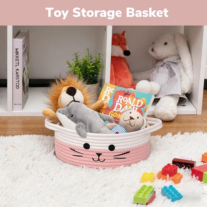 Cute Cat Toy Basket, Decorative Baby Gift Basket for Girls, Small Woven Baskets for Nursery Living Room, White & Pink, 9.8 x 4 inches