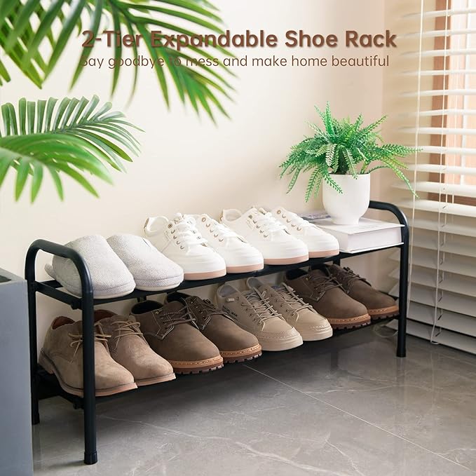 Gonfoam Shoe Rack for Closet, Expandable Shoe Organizer Storage Shelf, Adjustable Metal Free Standing Small Closet Shoe Rack for Entryway, Doorway (2-Tier Black)