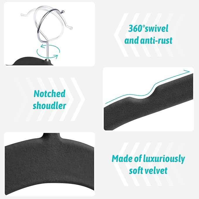 Sishynio Velvet Hangers 100 Pack, Non Slip Slim Clothes Hangers for Shirts, Suits and Dresses, Flocked Space Saving Closet Hangers with Swivel Hooks for Wardrobe Organization(Black)
