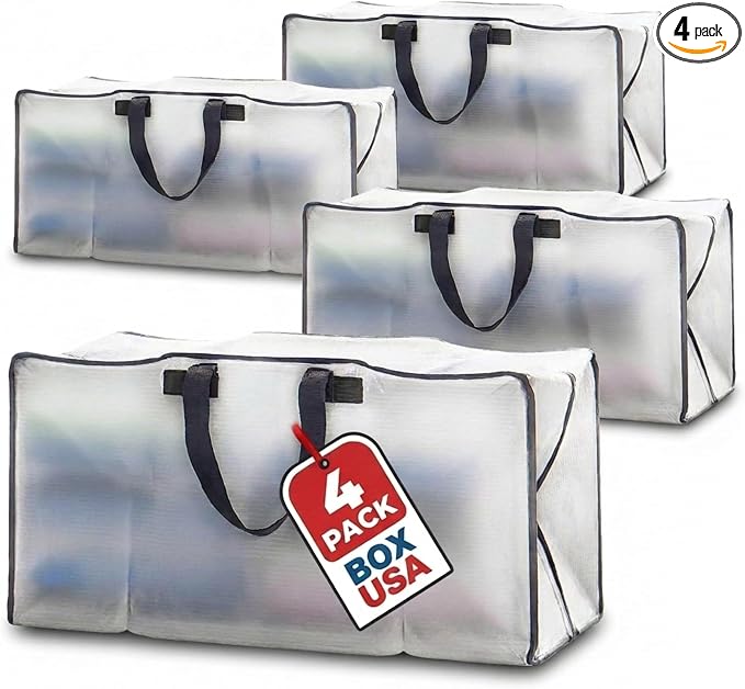 BOX USA 4-Pack Moving Bags with Strong Handles & Zippers - Heavy Duty Extra Large Packing Bags for Storage, Moving Boxes, Dorm & College Supplies, Clear