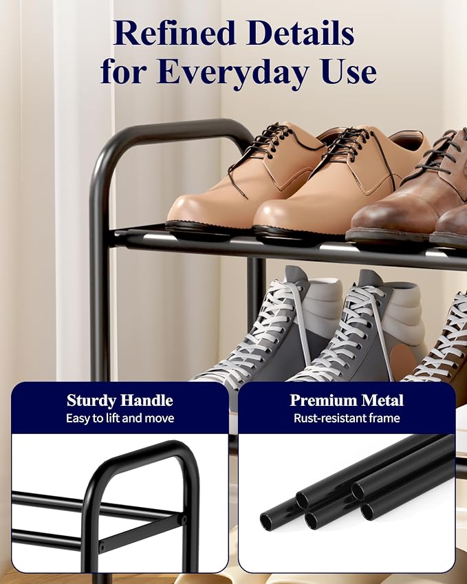 Kitsure Extendable Shoe Rack - 2-Tier Adjustable Metal Shoe Organizer, Sturdy Rust-Resistant Shoe Shelf for Entryway, Closet, or Bedroom, 17.5"–32.6" x 9.1" x 15.4", Black