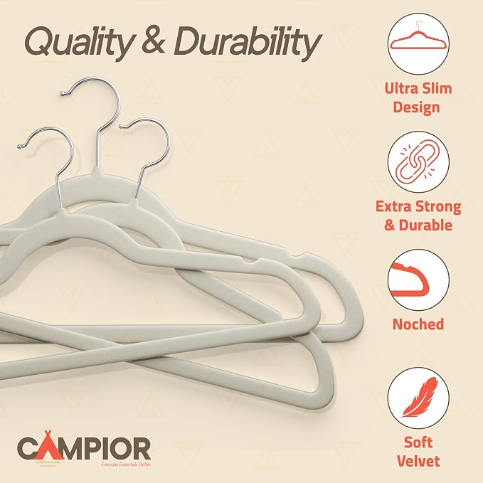 Ivory Velvet Hangers 30 Pack – 360° Swivel Hook, Non-Slip and Space Saving Hangers, Heavy-Duty 11 lbs Weight Capacity - Smooth Velvet Finish for Crease-Free Clothes and Effortless Closet Organization