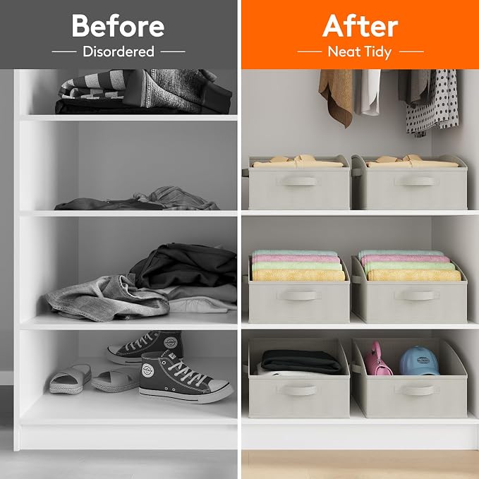 Lifewit Trapezoid Closet Storage Bins for Shelf, 6 Packs Non-woven Closet Organizer Baskets with Handles, Foldable Clothes Containers Boxes for Clothing, Book, Purse, 16L, Medium, Light Gray