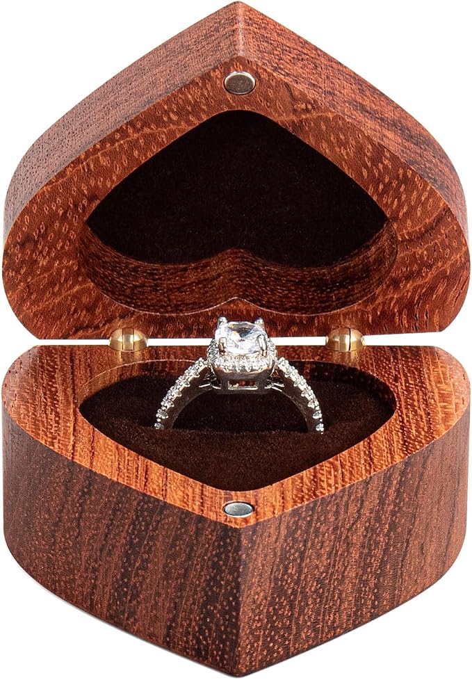 Engagement Proposal Ring Box Secret Slim Rose Wooden Heart Case | Rose Wood Ring Bearer Box Jewelry Storage Holder Display for Wedding Ceremony Commemoration