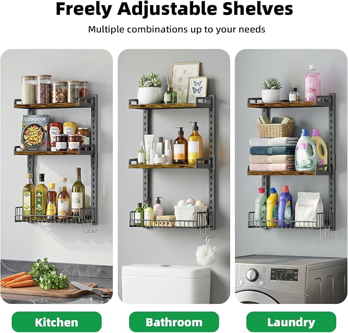 Kalrin 3 Tier Bathroom Shelves Over Toilet - Wall Mounted Floating Shelves with Drain Basket, Toilet Paper Storage, Height Adjustable Over The Toilet Storage, Vintage Brown