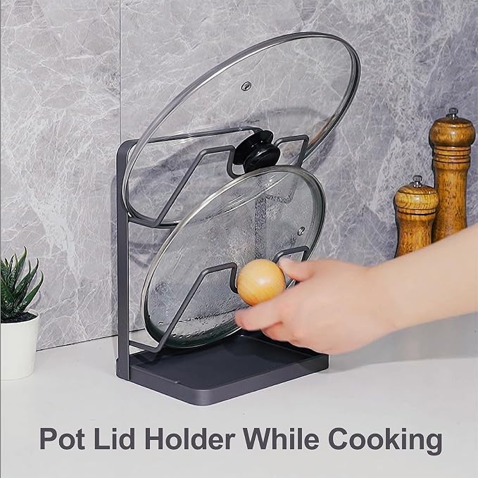 Pot Lid Holder While Cooking, Kitchen Pot Lid Storage Rack for stove top, Multifunctional Kitchen Pot Lid Organizer for Countertop (Iron,Dark Grey)