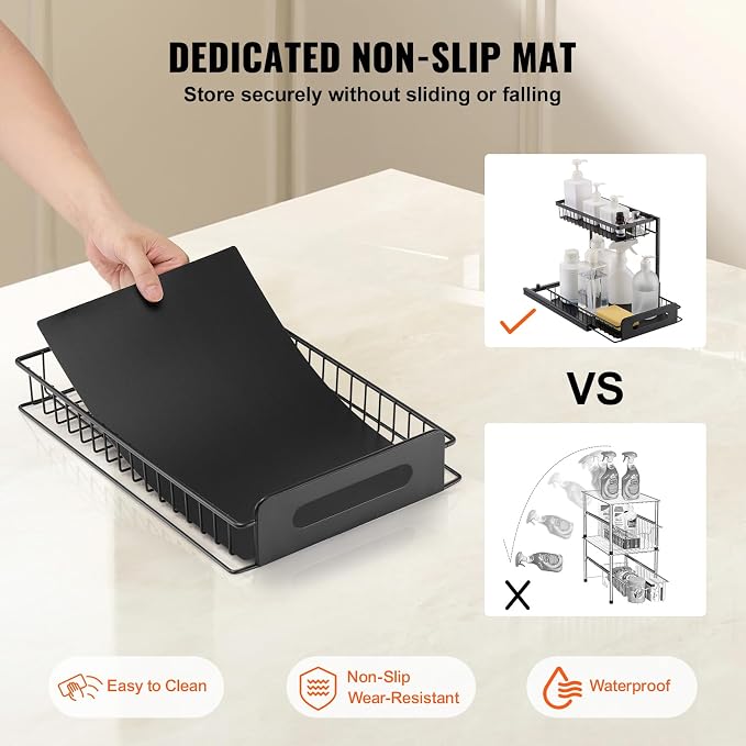 VEVOR Pull Out Cabinet Organizer, 2 Tier Under Sink Organizer and Storage(10.7"W x 14.2"D ), Slide Out Drawer Cabinet Organizer, Wire Basket Sliding Shelf for Kitchen Bathroom Cabinet, Black (2 Pack)