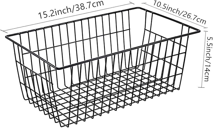 Redrubbit Wire Storage Baskets, Large Farmhouse Metal Freezer Basket Storage Organizer Bins with Handles for Kitchen Cabinets, Pantry, Closets, Bedrooms, Bathrooms, Set of 2, Black