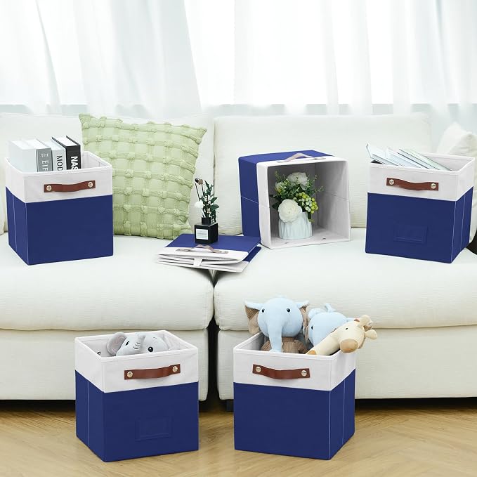 FinishingBo 6-Pack Storage Cubes with Handles & Label Holders Basket, Closet Cube Home Organizer Bins(White/Blue, 10.5 * 10.5 * 11 inch)
