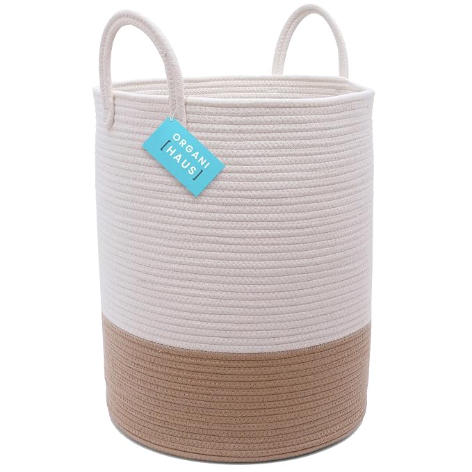 OrganiHaus Tall Cotton Rope Laundry Basket & Hamper, Blanket Storage 52L | Honey / Off-White - Tall Cotton Rope Hamper, 52L