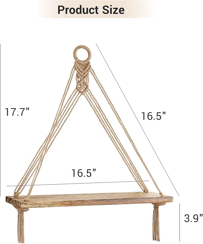 Mkono Macrame Hanging Shelves Boho Wall Decor Set of 2 Rustic Wood Floating Storage Shelf for Bedroom Bathroom Living Room Nursery Dorm Room, Display Shelving for Hanging Plants Photos