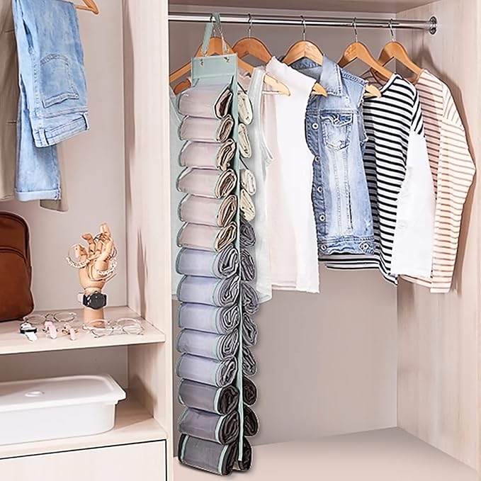 DHSFKBE Legging Organizer Storage - 2PCS T Shirt Organizer, Hanging Closet Organizers and Storage with 26 Roll Independent Compartments for Yoga Pants, Towel, Bathing Suit (Grey)