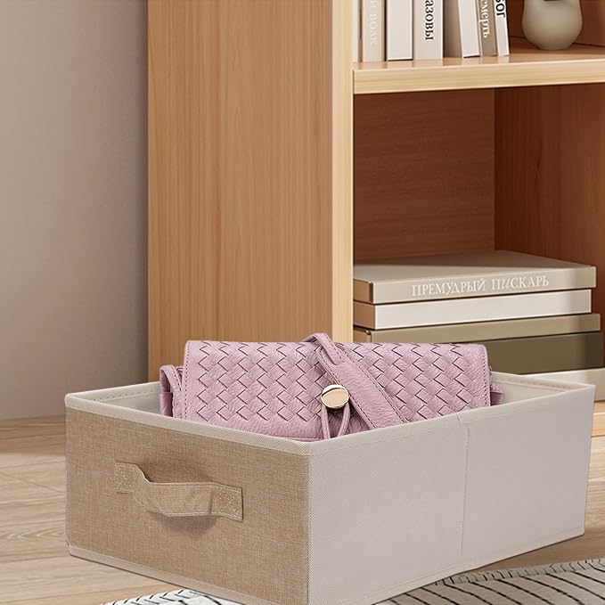JAKAGO Fabric Storage Bins set of 4 Rectangle Storage Baskets with Handle Foldable Closet Organizer for Clothes Towel bedding Books Collapsible Clothing Container for Shelves Bedroom(Beige Low)