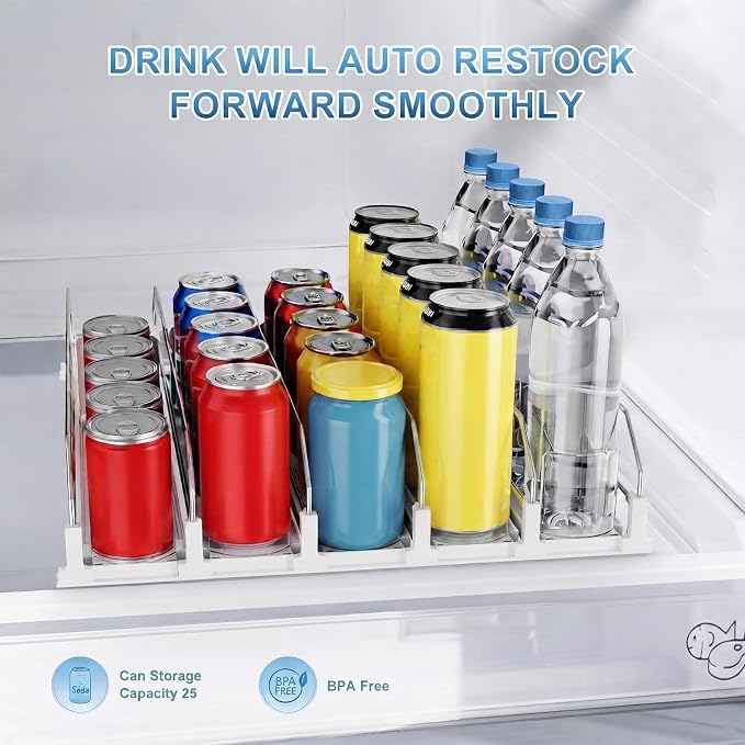 Dayacoco Drink Organizer for Fridge,5 Rows Fridge Soda Can Organizer,20oz 16oz 12oz-Self Pushing Soda Dispenser for Fridge,Adjustable Width-Holds up to 25 Cans,White