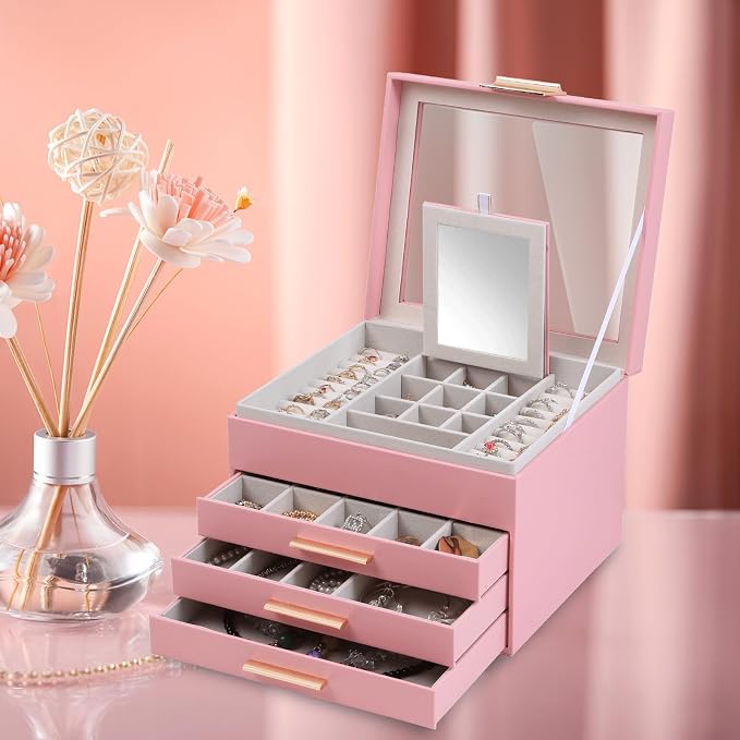 BOOVO Clear Lid Jewelry Box,3 Layers Jewelry Organizer Large Jewelry Storage Box with 2 Drawers,Jewelry Holder Organzier of Rings Earrings Necklace Bracelets for Women (Pink, 4 Layer)