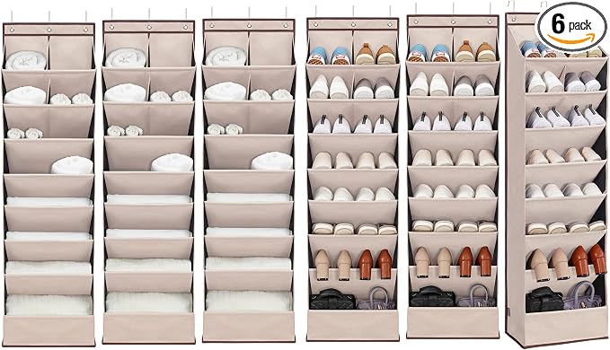 6 Pack Shoe Organizer with 6 Extra Large Pockets and 4 Large Pocket, Over the Door Sturdy Closet Storage Rack, Hanging Shoe Organizer for Shoes, Sneakers, Beige