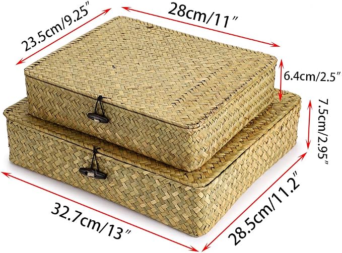 Hipiwe Natural Seagrass Storage Bins with Lid, Woven Wicker Basket Boxes Home Organizer Bins Shelf Organizer Box,Set of 2