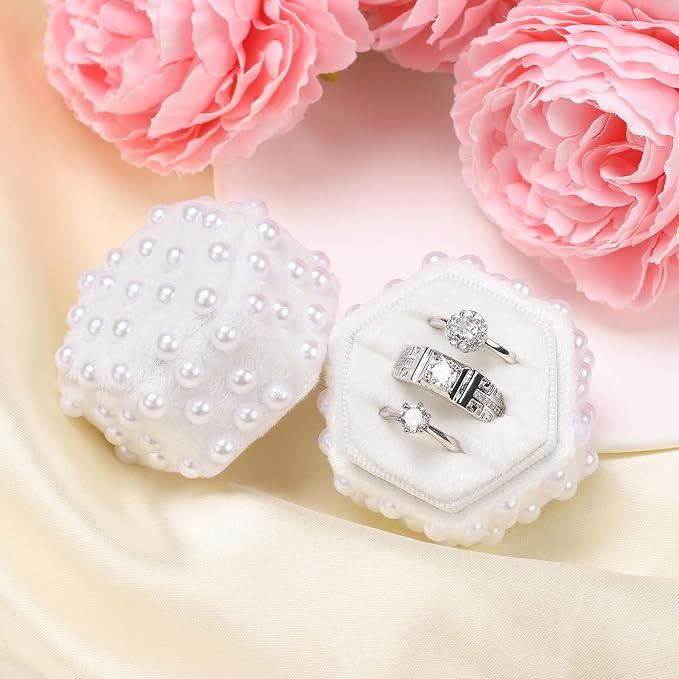WantGor Velvet Jewelry Ring Box, 3 Slots Hexagon Ring Gift Box Ring Holder | Vintage Ring Display Case for Wedding Ceremony Proposal Engagement (White Pearl, 3 Slots)