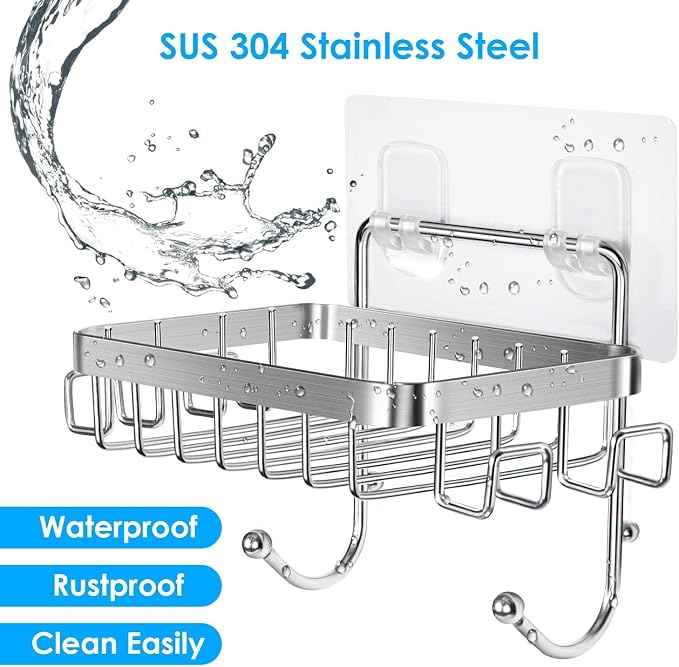 ODesign Soap Dish Holder SUS304 Stainless Steel with 6 Hooks Loofah Bath Sponge Towel Razor Holder for Bathroom Shower Kitchen Adhesive Wall Mounted No Drilling-Silver-2 Pack