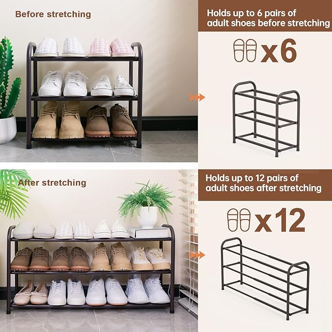 Gonfoam Shoe Rack for Closet, Expandable Shoe Organizer Storage Shelf, Adjustable Metal Free Standing Small Closet Shoe Rack for Entryway, Doorway (3-Tier Bronze)