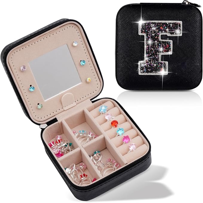 Uygafly Personalized Jewelry Case for Women Girls - Fashion Mini Jewelry Boxes - Trendy Travel Jewelry Organizer with Initials Letter - Teen Gifts | Black,F