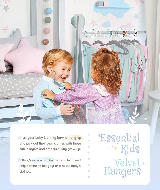 VIS'V Velvet Baby Hangers with 6 Pcs Size Dividers, 11 Inch, Gray, 30 Pcs | Compact Size, Non Slip, Infant Toddler Nursery Closet Organization
