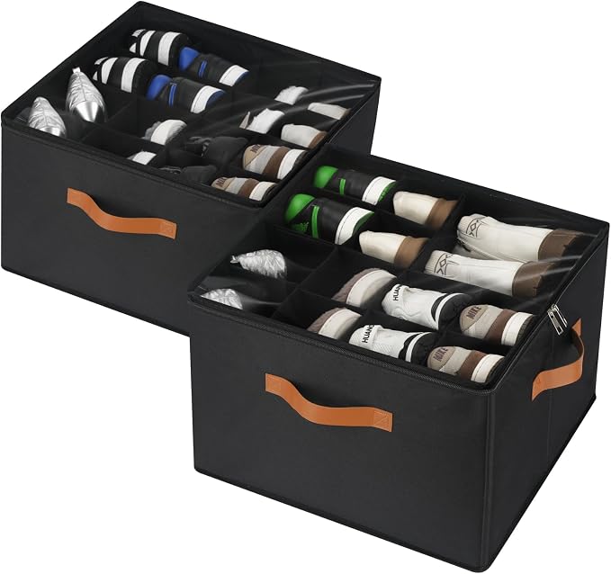 VZZNN 2 Pack Shoe Organizer for Closet, Foldable Shoe Storage Bins with Clear Cover and Adjustable Dividers, Fits up to 16 Pairs, Large Shoe Box Storage Containers with Reinforced Handles (Black)