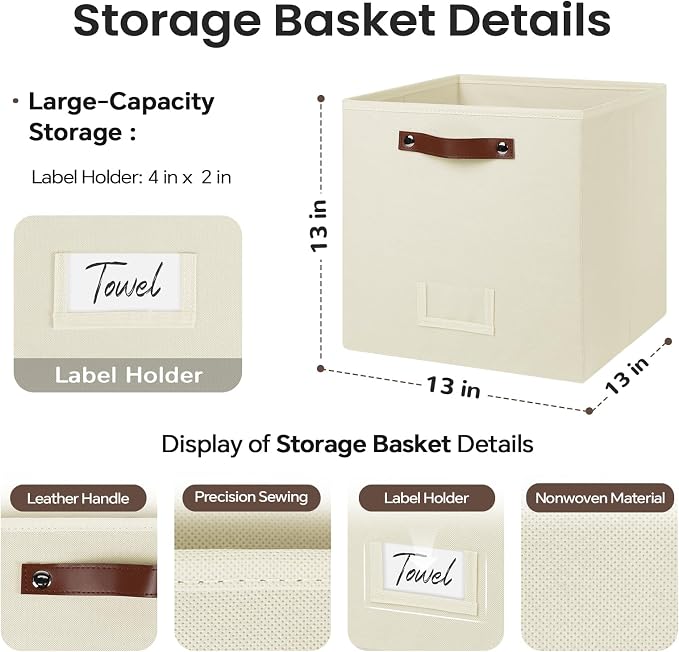 FinishingBo 6-Pack Storage Cubes with Handles & Label Holders Basket, Closet Cube Home Organizer Bins(Beige, 13 x 13 x 13 inch)