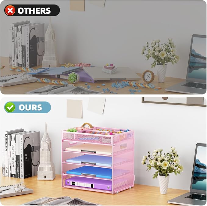 Marbrasse 5 Tier Paper Organizer Letter Tray, Mesh Desk File Organizer with Handle, Paper Sorter Desk Organizer for Home Office Supplies - Pink, Adjustable