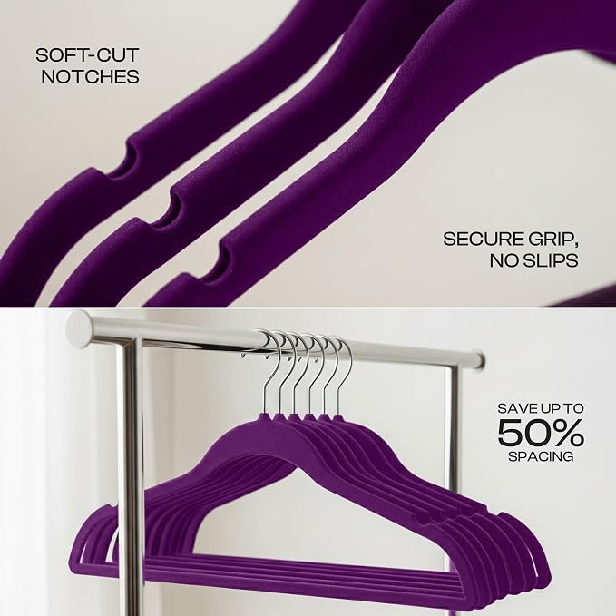 Utopia Home Velvet Hangers, Purple, 50 Pack | Luxury Non-Slip Slim Pant & Coat Hangers, Strong Space-Saving Clothes Hangers with Pants Bar and 360° Swivel Hook