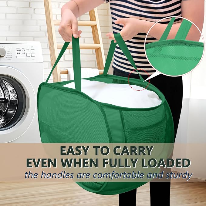 Pop Up Laundry Hamper,Collapsible Horizontal Baskets with Handles & Side Pocket,Foldable Sturdy mesh for Laundry Room,Bathroom,Kids Room,College Dorm Travel (Green)