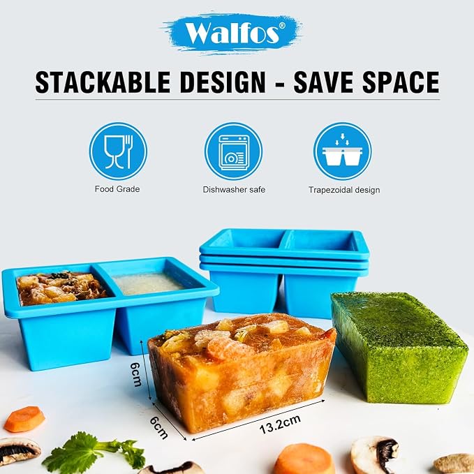 Walfos Silicone Freezer Tray with Lid - 1.5Cup Silicone Food Freezer Tray - Soup, Sauce, leftovers, Homemade Meal Prep Freezing Kitchen Storage Containers - 4pcs-blue