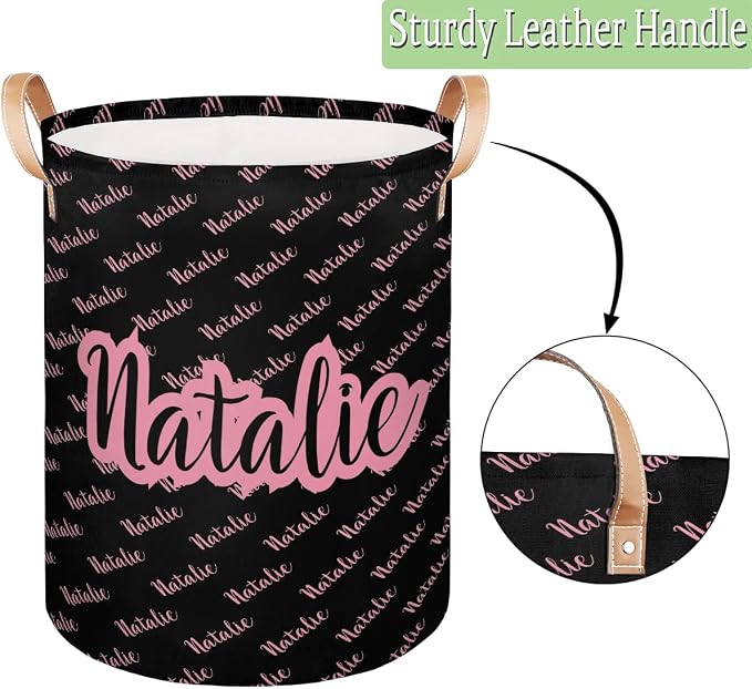 Personalized Laundry Basket, Custom Gift Laundry Hamper, Collapsible Nursery Waterproof Laundry Baskets, Dirty Clothes Toy Hamper with Handles Name Pink Black