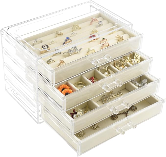 Weiai Acrylic Jewelry Organizer Box 4 Drawer Earring Case Storage for Women Beige