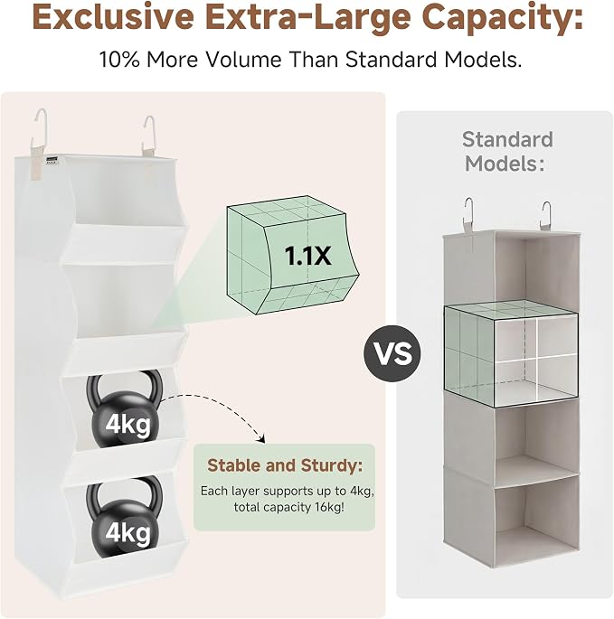 StorageWorks Basics Hanging Closet Organizer, 4-Shelf Wide Trapezoid Closet Shelves with Reinforced Anti-Sagging Support for Sweaters, Hoodies and Handbags, Foldable Storage Organizer, Beige