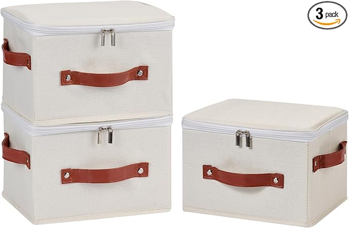 3PCS Storage Bins Boxes with Zippered Lids Cotton Linen Fabric Decorative Basket PU Leather Handles PP Plastic Board Foldable Lidded Clothing Shelf Closet Organizer Container (Beige, Small)