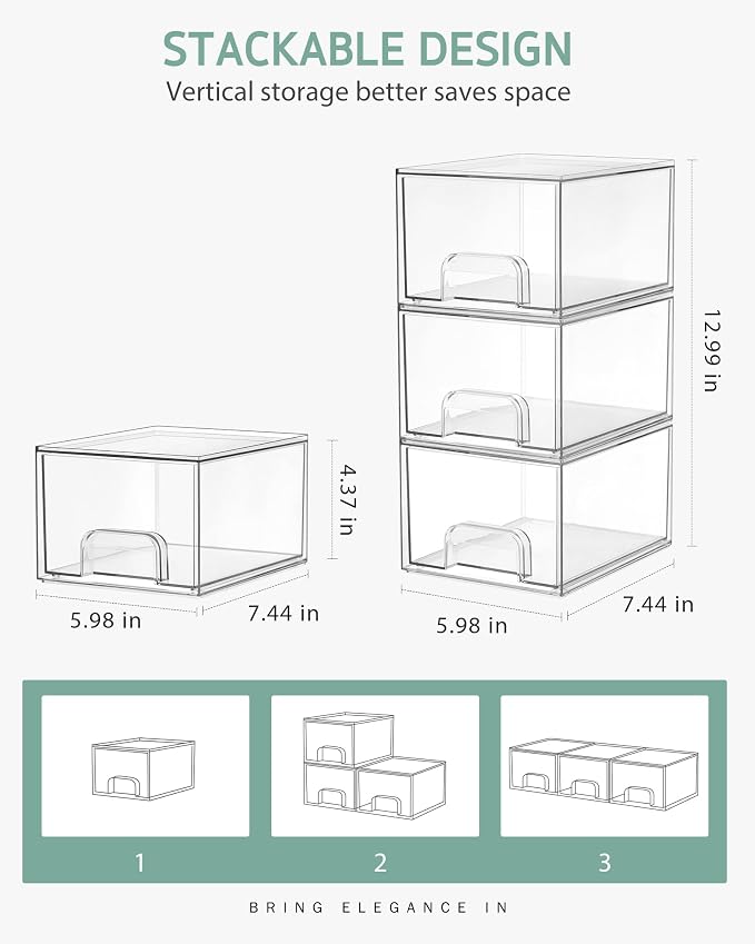 Syntus 3 Piece Set Stackable Makeup Organizers, 4.4'' Tall Acrylic Drawer Organizer, Clear Plastic Cosmetics Storage Drawers for Vanity, Undersink, Bathroom Organizer, Skincare, Kitchen Cabinets