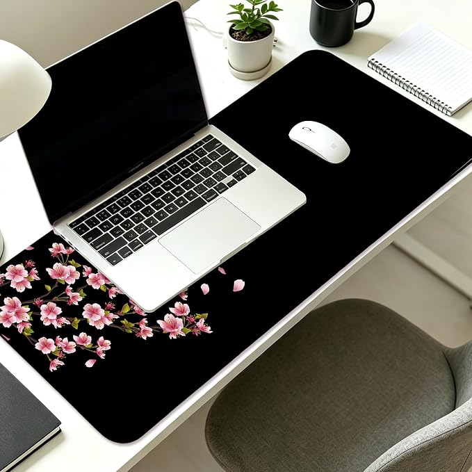 Japanese Cherry Blossom Gaming Desk Mat, Computer Keyboard Large Extended Flowers Mouse Pad for Office and Home, 31.5×11.8 Inches, XL, Black