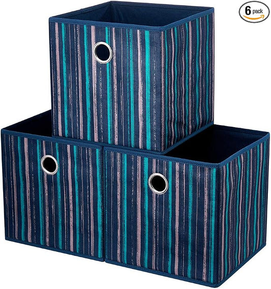 11x11x11 Inch 3 Pack Cube Storage Bins, Blue Fabric Storage Cubes with Teal & Khaki Vertical Gradient Stripes, Collapsible Cloth Storage Bins for Shelves Closet Cubbies