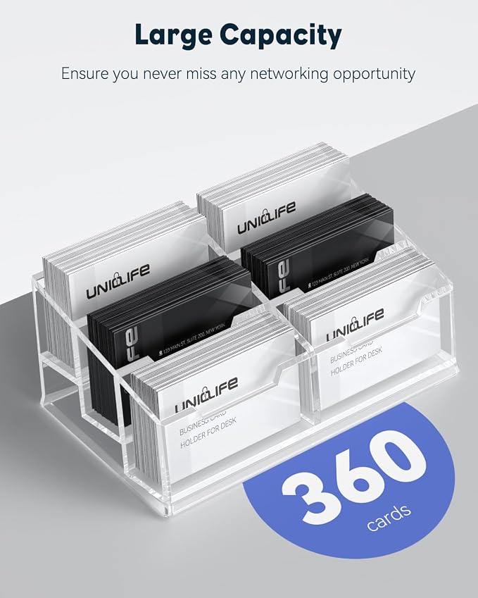 Uniclife Clear Acrylic Business Card Display Stand for Desk 6 Slots Business Card Holder for Men & Women Desktop Business Card Organizer 360 Card Capacity Card Stand for Office Home Exhibition