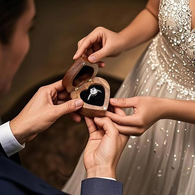 Engagement Proposal Ring Box Secret Slim Engraved Wooden Heart Case | Engrave"Will you marry me?", Walnut Wood Ring Bearer Box Jewelry Storage Holder Display for Wedding Ceremony Commemoration