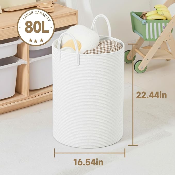 CLHMILY&Z Laundry Hamper Round Storage Rope Basket in Living Room, Bedroom, Laundry Room for Toy, Clothes, Blanket, Pillow (White, 80L)