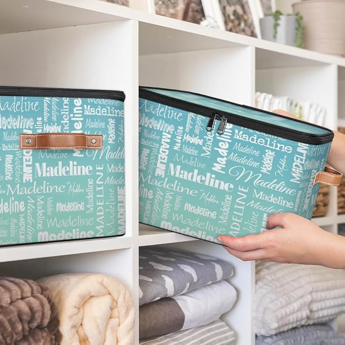 Custom Storage Basket with Name, Personalized Keepsake Box with Zipper Lid, Foldable Fabric Memory Bin Large capacity with Handle Grey Blue Green