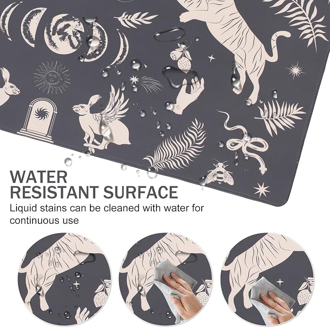 L-SPOUTTO Black Desk Mat for Keyboard and Mouse,Boho XXL Gaming Mouse Pad | Mystical Animals Large 35.4x15.7in Non-Slip Rubber Base Keyboard Pad Desktop Mat for Laptop Computer Work Home Office