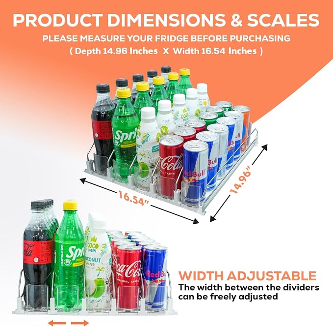 Self Pushing Drink Organizer for Fridge - 5 Rows, Upgraded Design Soda Can Organizer for Refrigerator with Larger Stopper Height & Locking Feature, Can Dispenser for Fridge, Holds 25-30 Cans | Maximizes Refrigerator Space