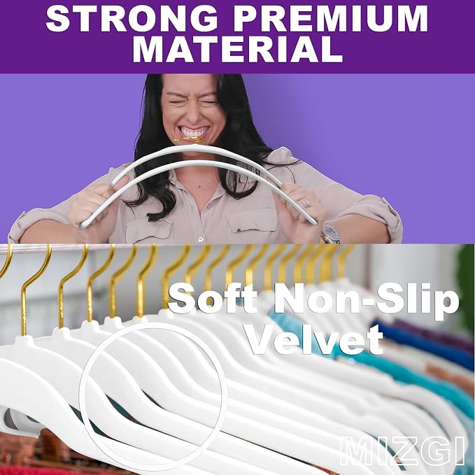 MIZGI Premium Velvet Hangers Pack 100 Pcs Heavyduty - Non Slip Slimline - Velvet Suit Hangers White - Gold Hooks,Space Saving Clothes Hangers