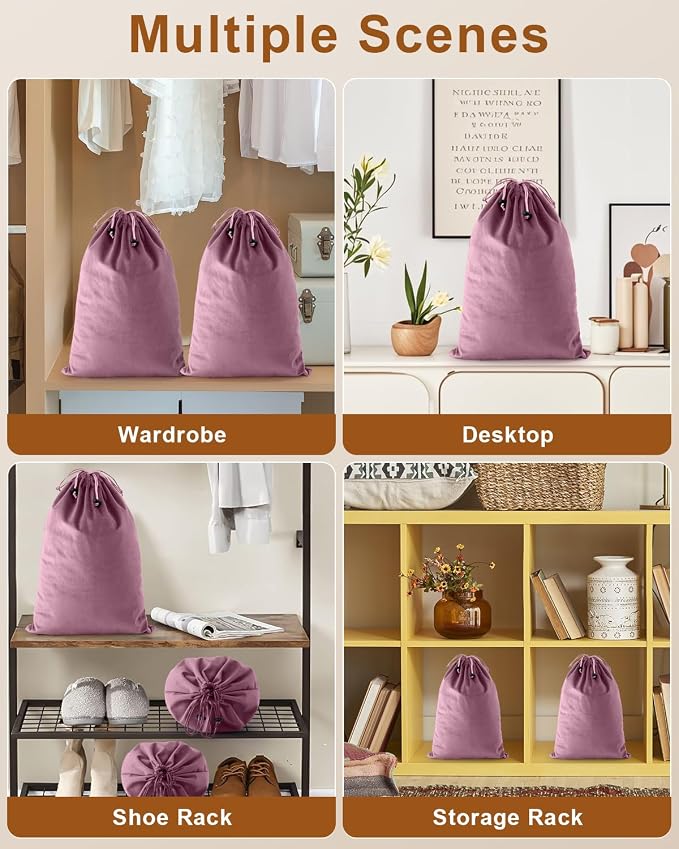4 Pcs Shoe Bags for Travel, Dust Velvet Bags, Parfait Pink, 17.3x12.6 Inch | Washable & Reusable Travel Shoe Bags, Dustproof Shoe Bags with Drawstring Closure, Suitable for Travel, Home Storage